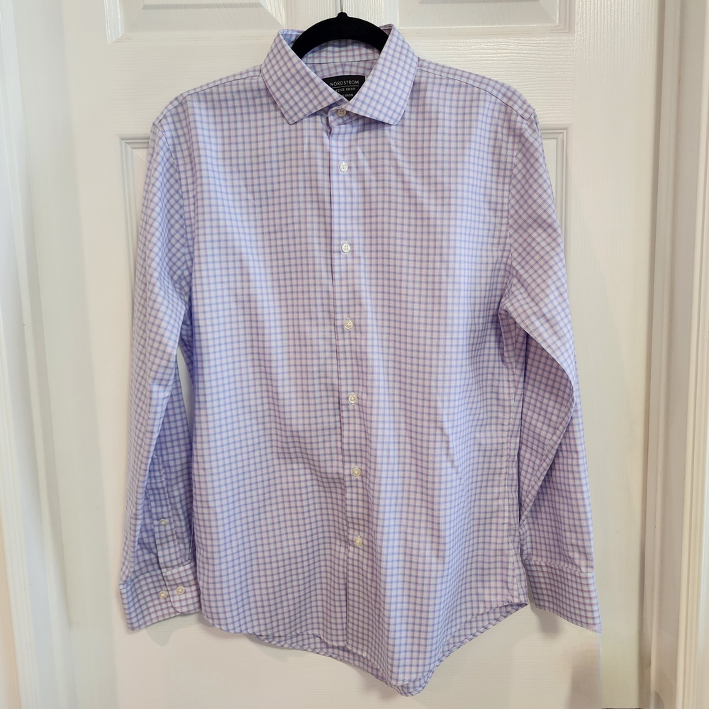 Nordstrom Men's Purple Checkered Shirt Non-iron Stretch Trim Fit